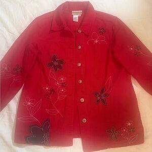 Coldwater Creek Women's Red Floral Jean Jacket Button Up Long Sleeve Size Small